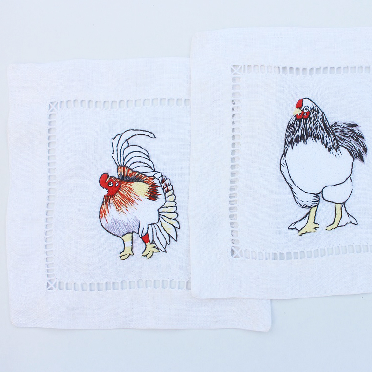 Rooster hand embroidered hemstitched cocktail napkins
